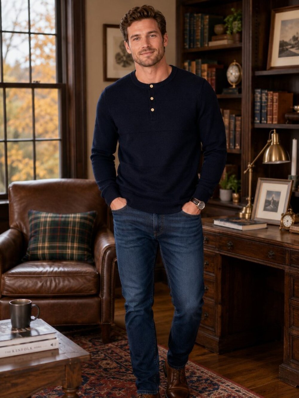 Lachlan British Inspired Blue Long Sleeve Henley Style Sweater Mens Small NWT